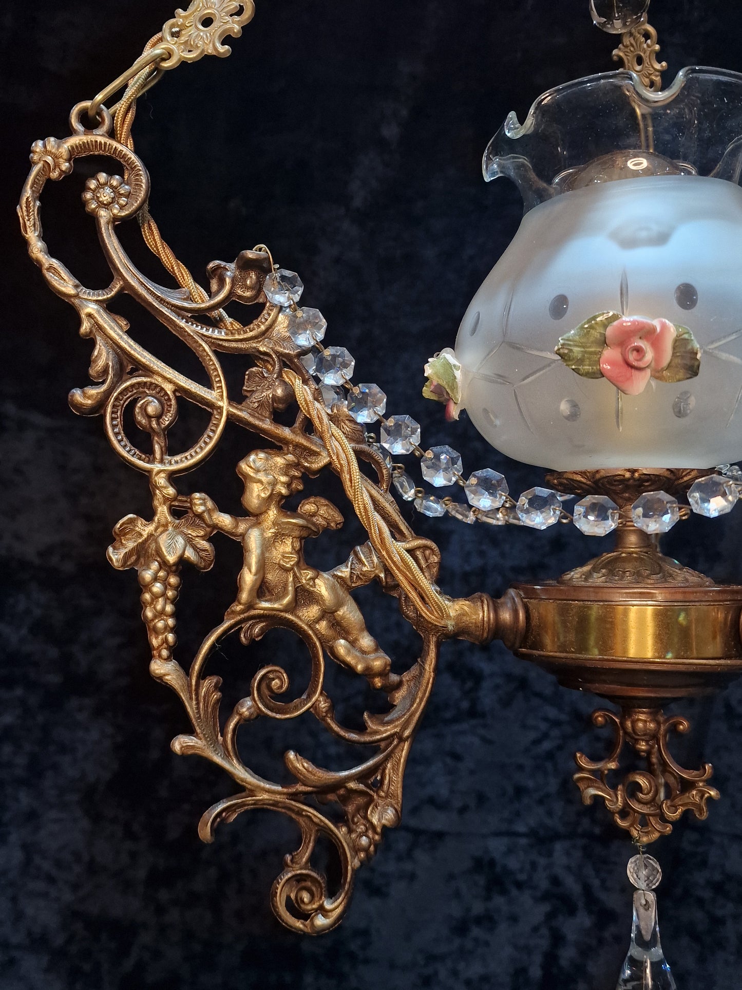 Beautiful Vintage Brass Italian Cherub Flower Caged Crystal Chandelier Light