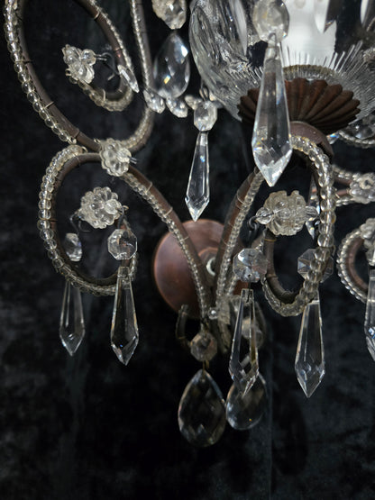 Elegant Pair Vintage Italian Venetian Style Crystal Glass and Iron Wall Lights