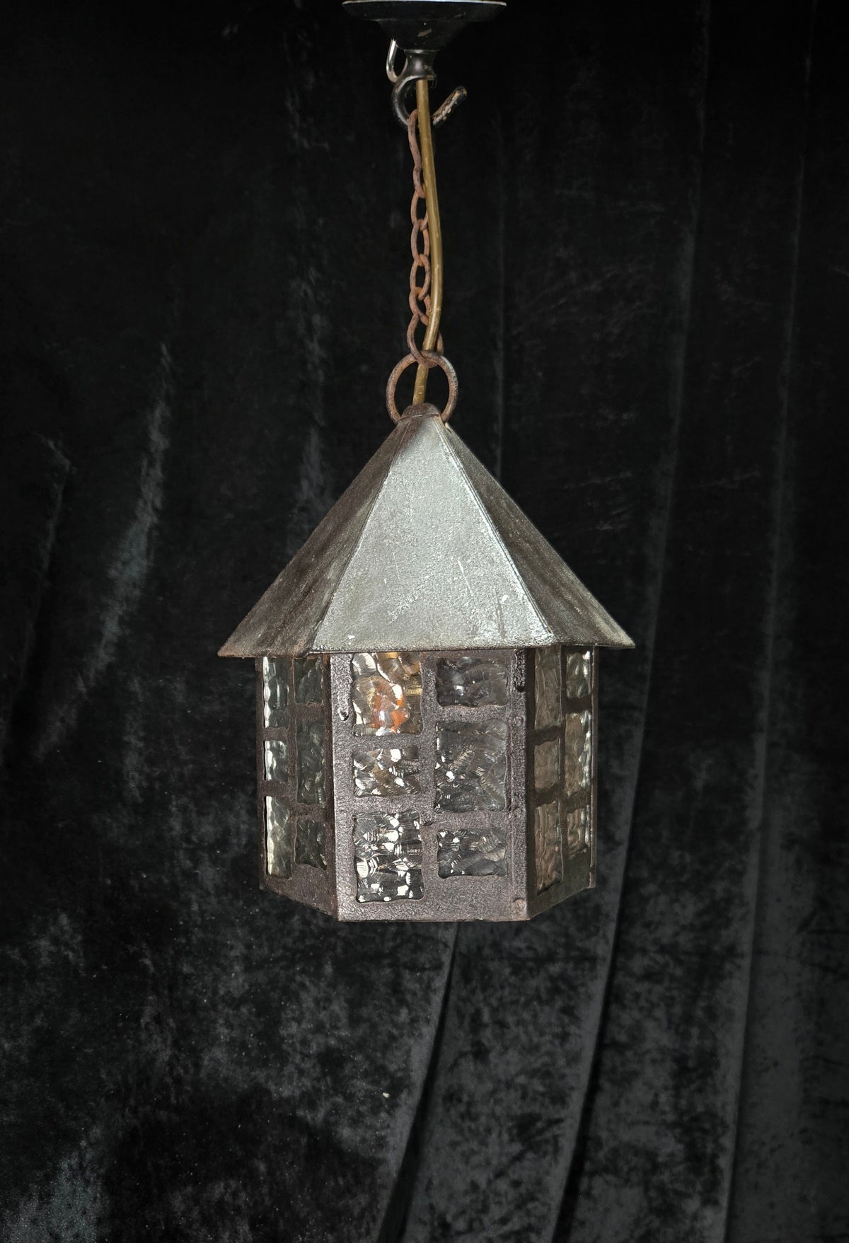 Lovely Vintage French Wrought Iron Gothic Lantern Light with Textured Glass