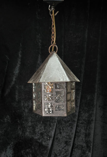 Lovely Vintage French Wrought Iron Gothic Lantern Light with Textured Glass