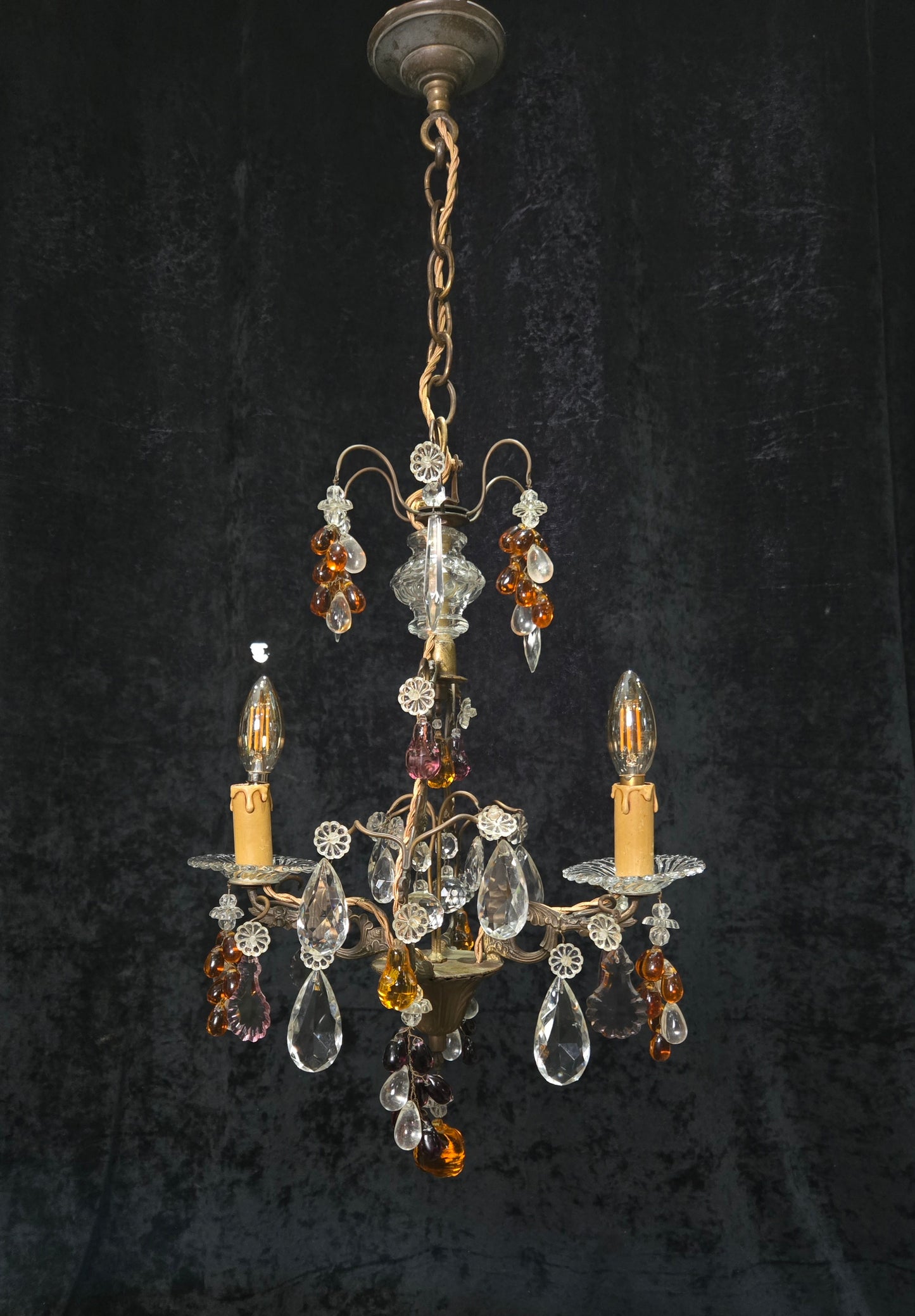 Fabulous Antique French 2 Arm Caged Murano Crystal Brass Chandelier Light
