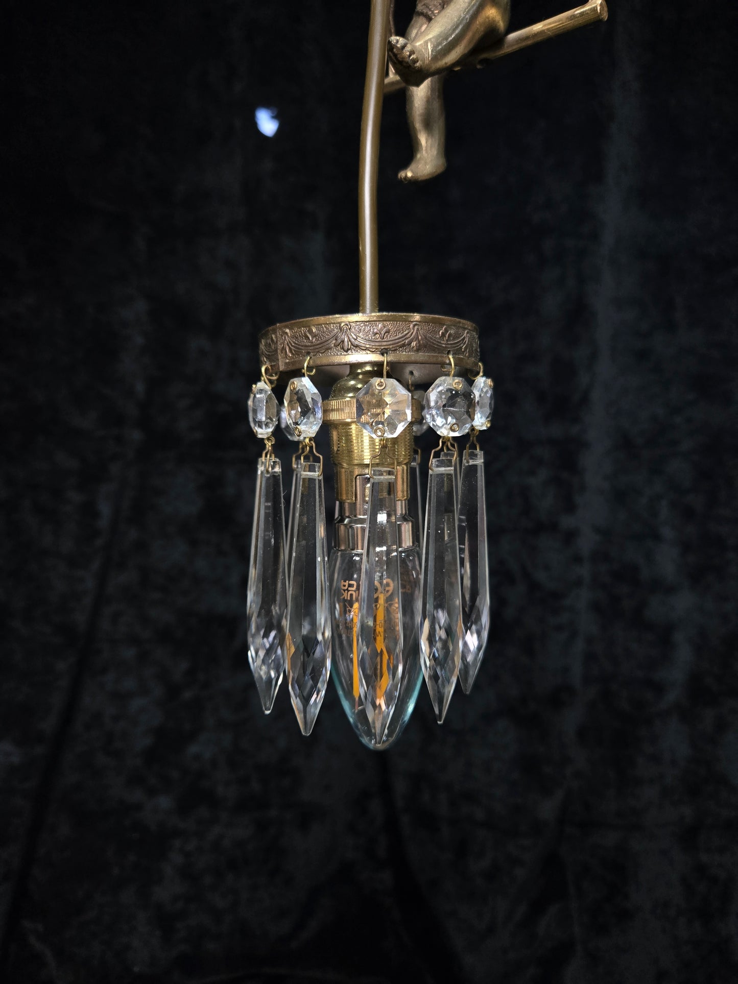 Beautiful Petite Vintage French Brass Cherub Crystal Chandelier Ceiling Light