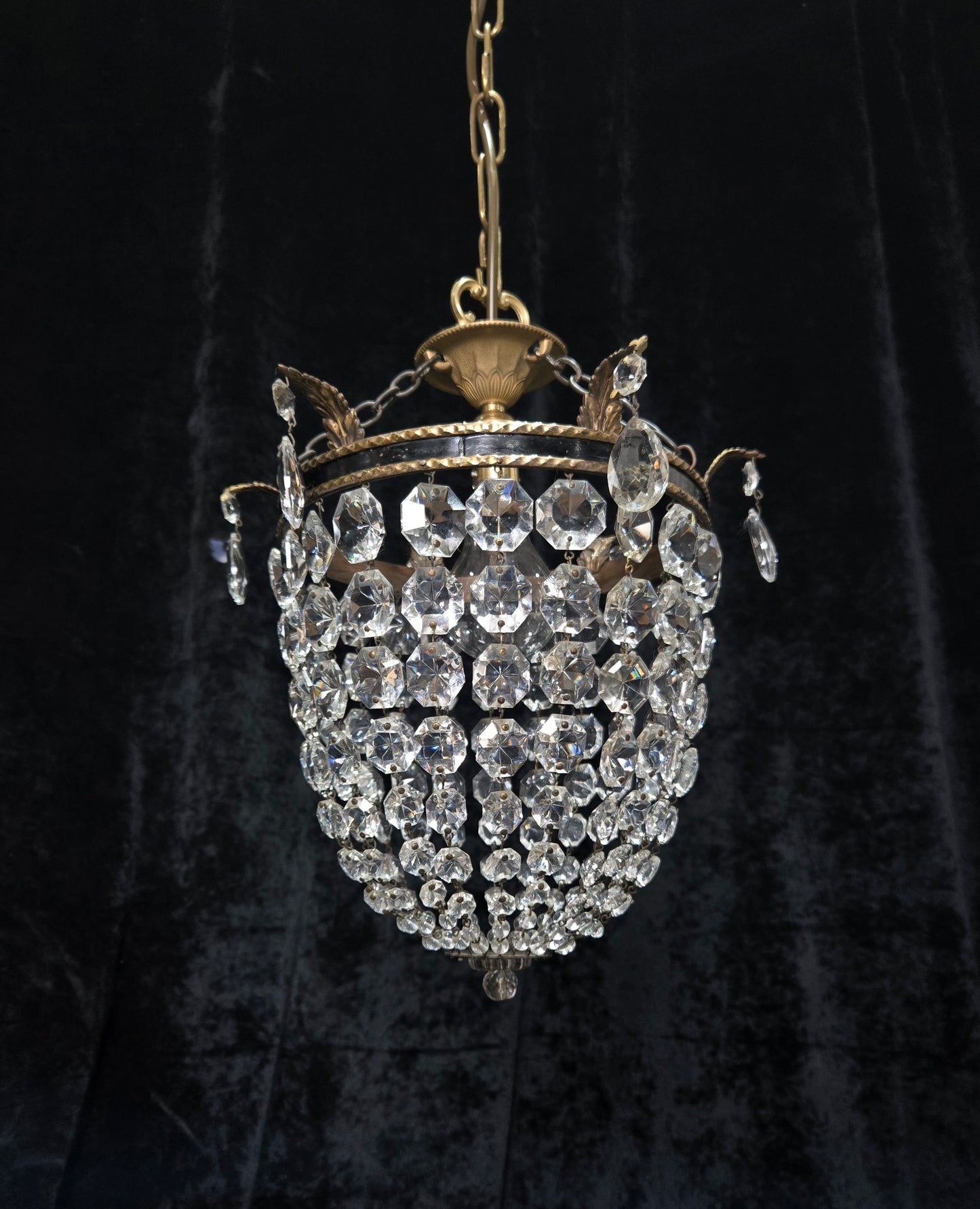 Stunning Antique French Empire Style Brass Crystal Leaf Chandelier Ceiling Light