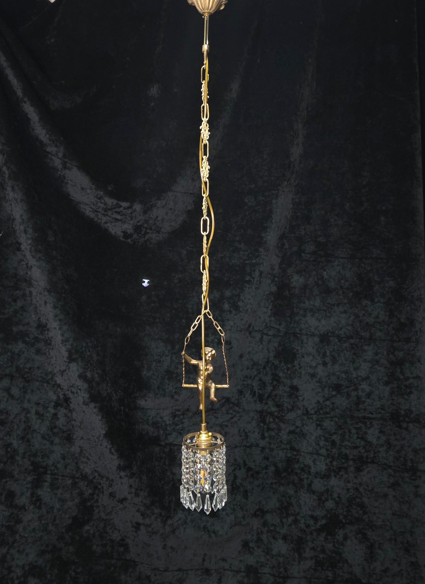 Beautiful Petite Vintage French Brass Cherub Crystal Chandelier Ceiling Light