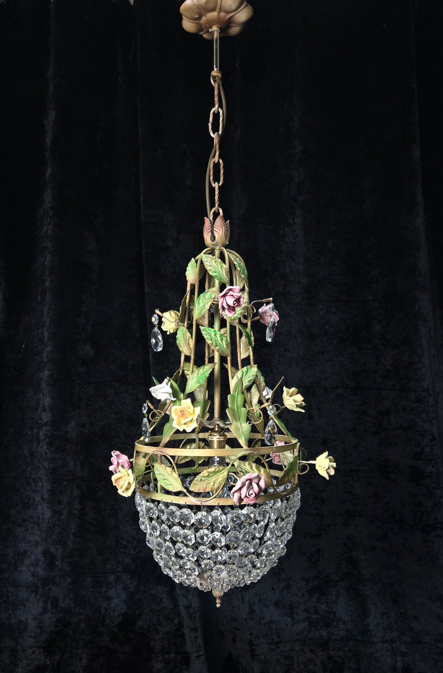 Beautiful Vintage Florentine Italian 1 Light Crystal Roses Toleware Chandelier