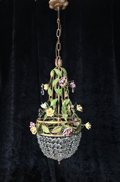 Beautiful Vintage Florentine Italian 1 Light Crystal Roses Toleware Chandelier