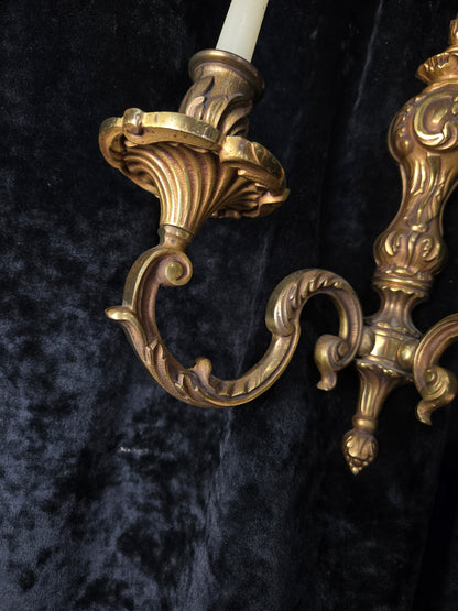 Fine Pair of Heavy Antique French Bronze Rococo Style Candle Wall Lights Sconces