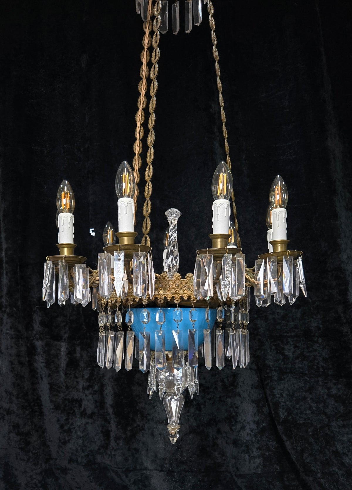 Exceptional Antique French Late 1800s 9 Arm Brass Blue Glass Crystal Chandelier