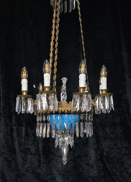 Exceptional Antique French Late 1800s 9 Arm Brass Blue Glass Crystal Chandelier