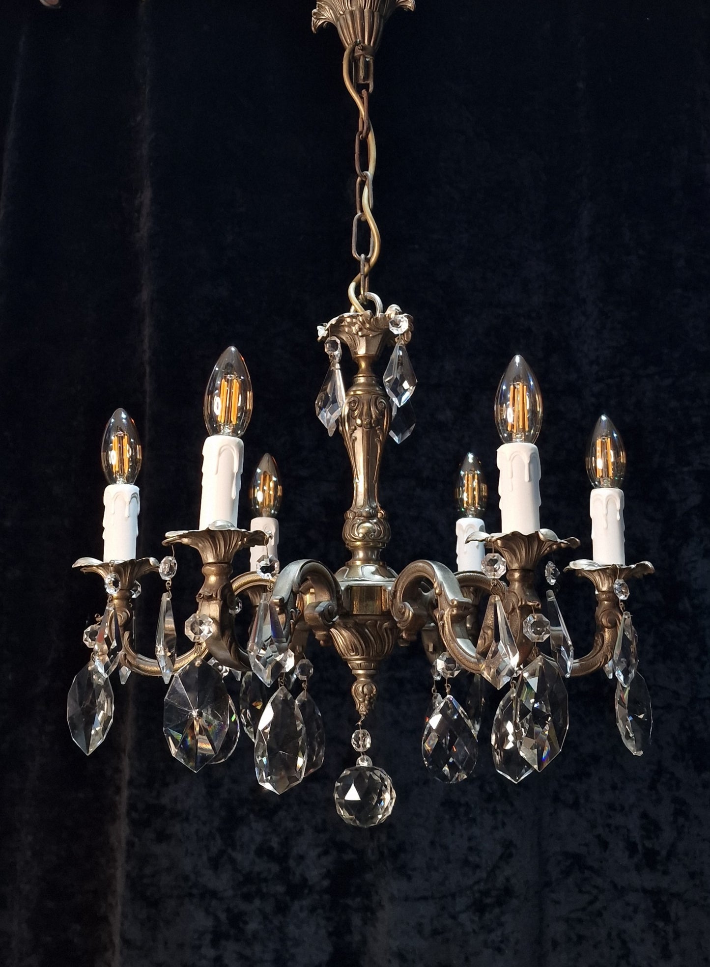 Beautiful Heavy Antique French Bronze Nickel Plated Crystal 6 Arm Chandelier