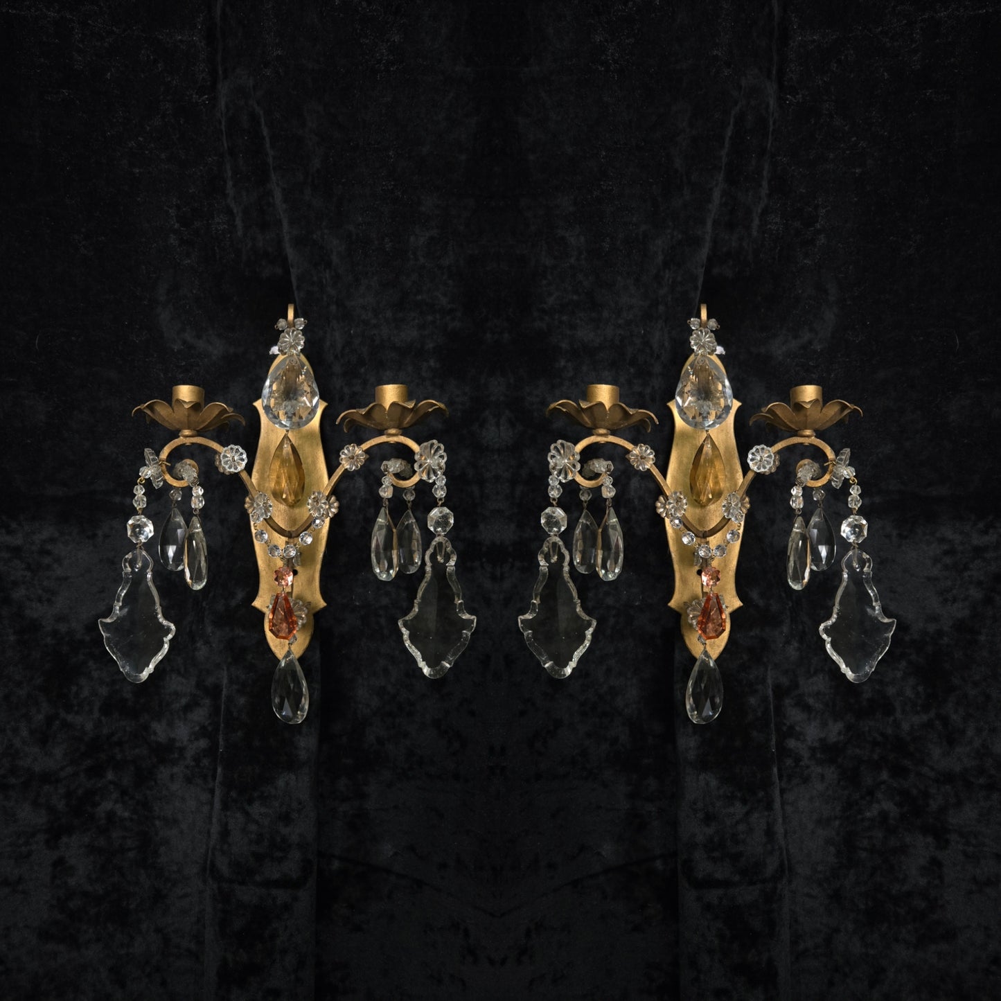 Fabulous Pair Vintage Italian 2 Arm Gilded Wrought Iron Crystal Candle Sconces