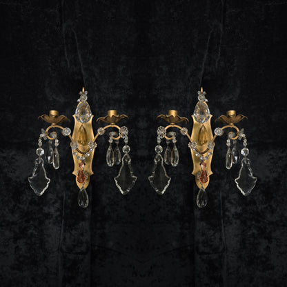 Fabulous Pair Vintage Italian 2 Arm Gilded Wrought Iron Crystal Candle Sconces