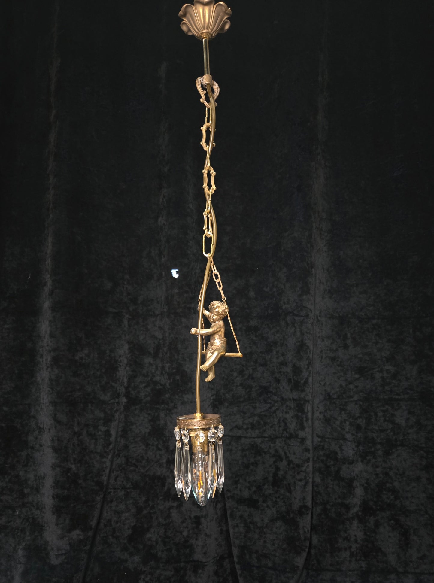Beautiful Petite Vintage French Brass Cherub Crystal Chandelier Ceiling Light