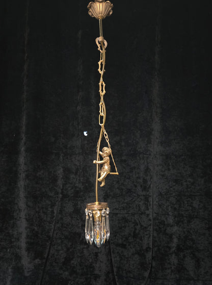 Beautiful Petite Vintage French Brass Cherub Crystal Chandelier Ceiling Light