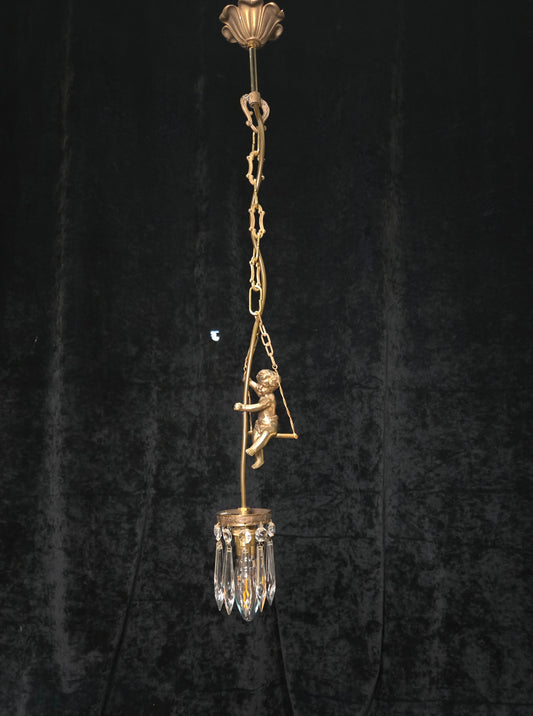 Beautiful Petite Vintage French Brass Cherub Crystal Chandelier Ceiling Light