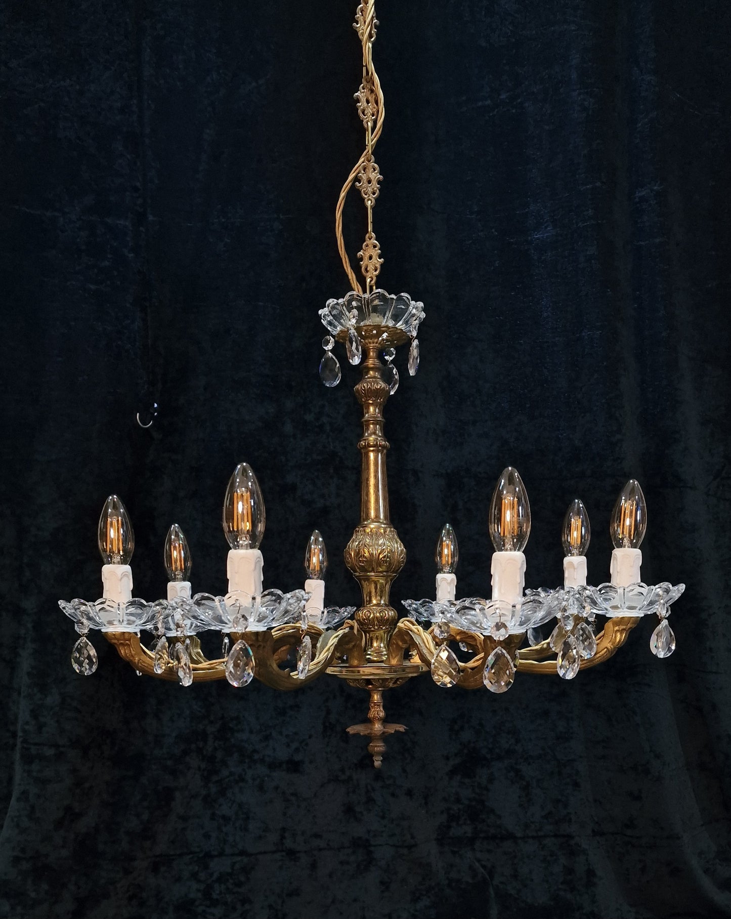 Gorgeous Vintage French Heavy Brass 8 Arm Crystal Chandelier Ceiling Light