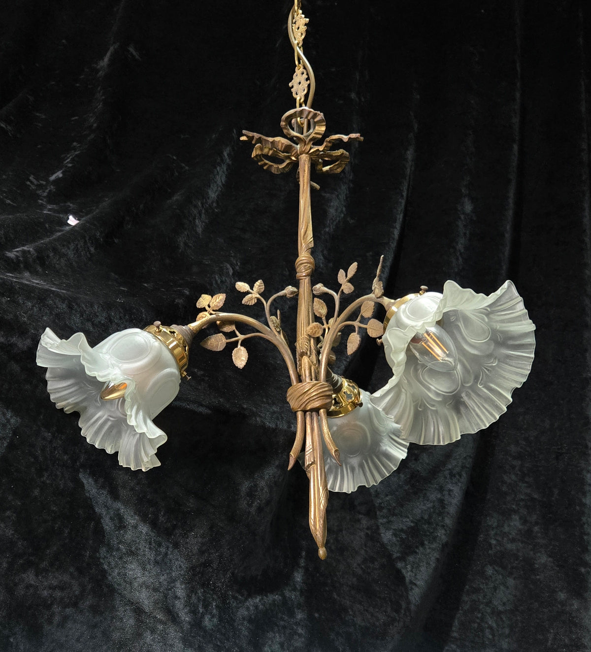 Gorgeous Antique French Brass 3 Arm Floral Chandelier Ceiling Light with Shades