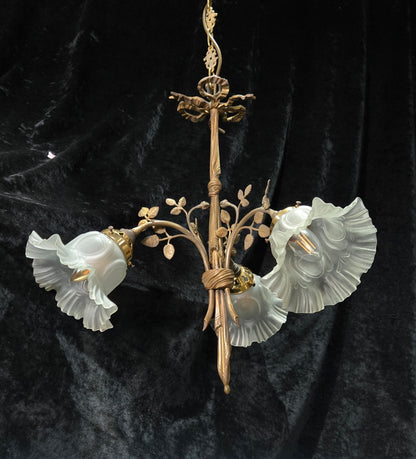 Gorgeous Antique French Brass 3 Arm Floral Chandelier Ceiling Light with Shades