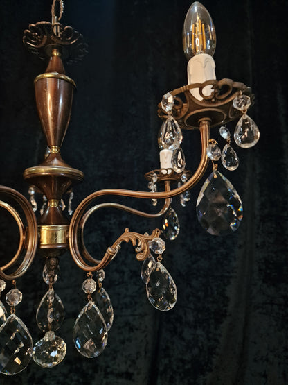 Beautiful Vintage Italian 5 Arm Brass Crystal Chandelier Ceiling Light