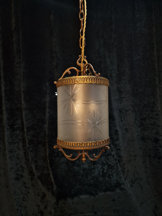 Classical Vintage Italian Cylinder Cut Glass Starburst Brass 3 Light Lantern