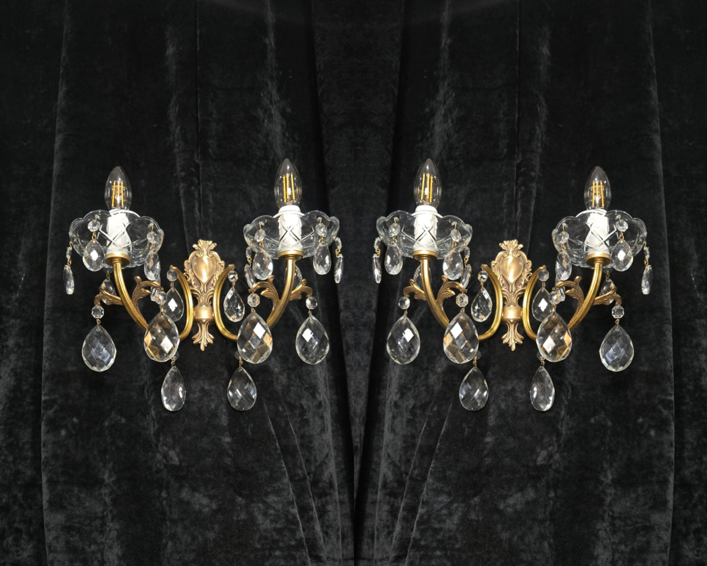 Lovely Pair of Vintage French 2 Arm Brass Leaf Crystal Wall Lights Sconces