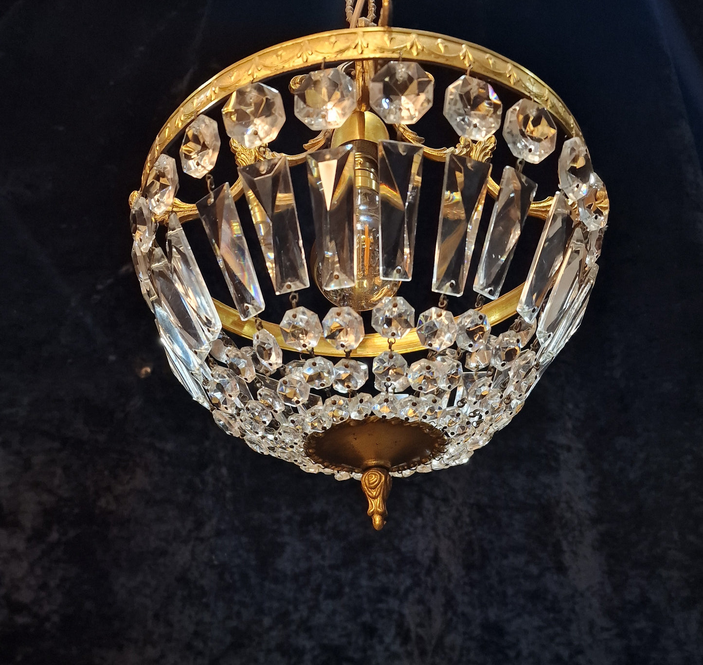 Lovely Vintage French 1 Light Brass Crystal Half Bag Montgolfiere Chandelier