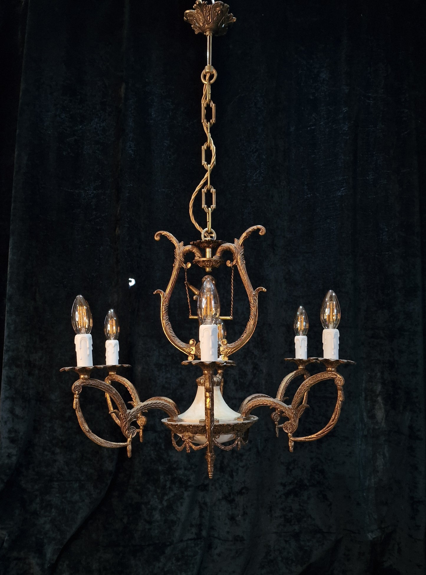 Fabulous Vintage Spanish Heavy Gilded Spelter 6 Arm Cherub Chandelier Light