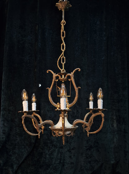 Fabulous Vintage Spanish Heavy Gilded Spelter 6 Arm Cherub Chandelier Light