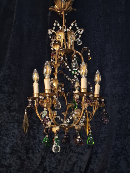 Fabulous Vintage Italian 6 Arm Caged Tole Murano Fruits Chandelier Light