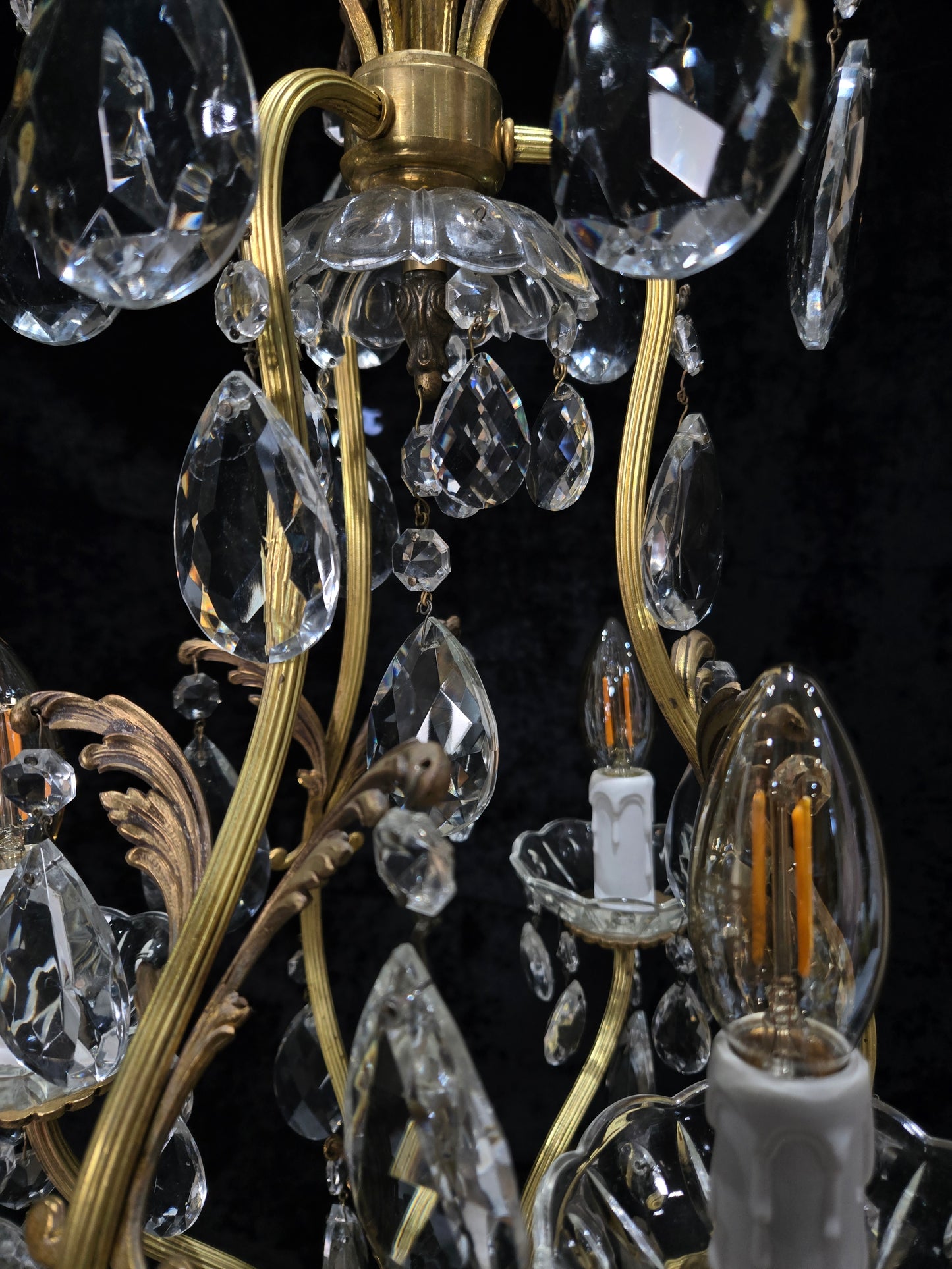 Beautiful Vintage Italian 3 Arm Brass Crystal Cage Leaf Chandelier Ceiling Light