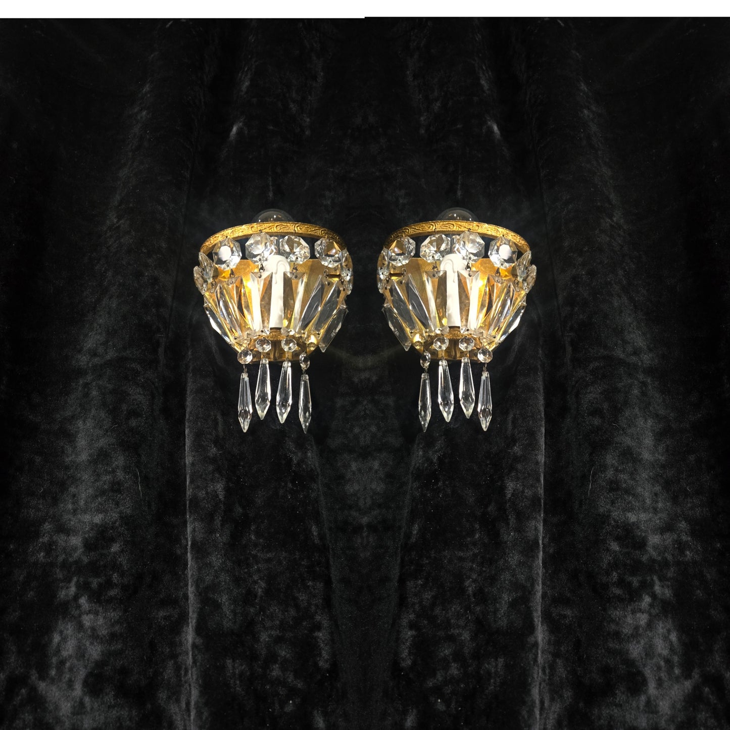 Stunning Pair Antique French Brass Crystal Montgolfiere Sconces Wall Lights