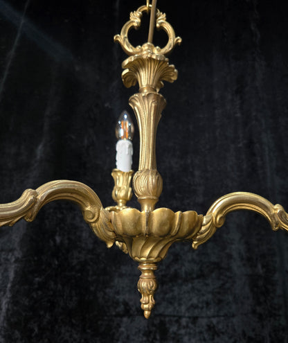 Traditional Antique French Solid Brass 3 Arm Rococo Style Chandelier Light
