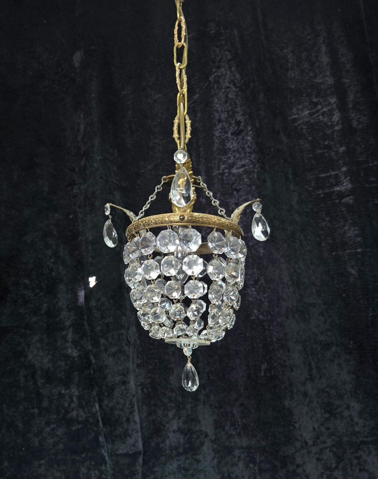 Petite Vintage French Crystal Half Bag Brass 1 Light Leaf Chandelier Light
