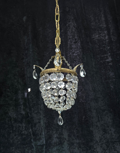 Petite Vintage French Crystal Half Bag Brass 1 Light Leaf Chandelier Light