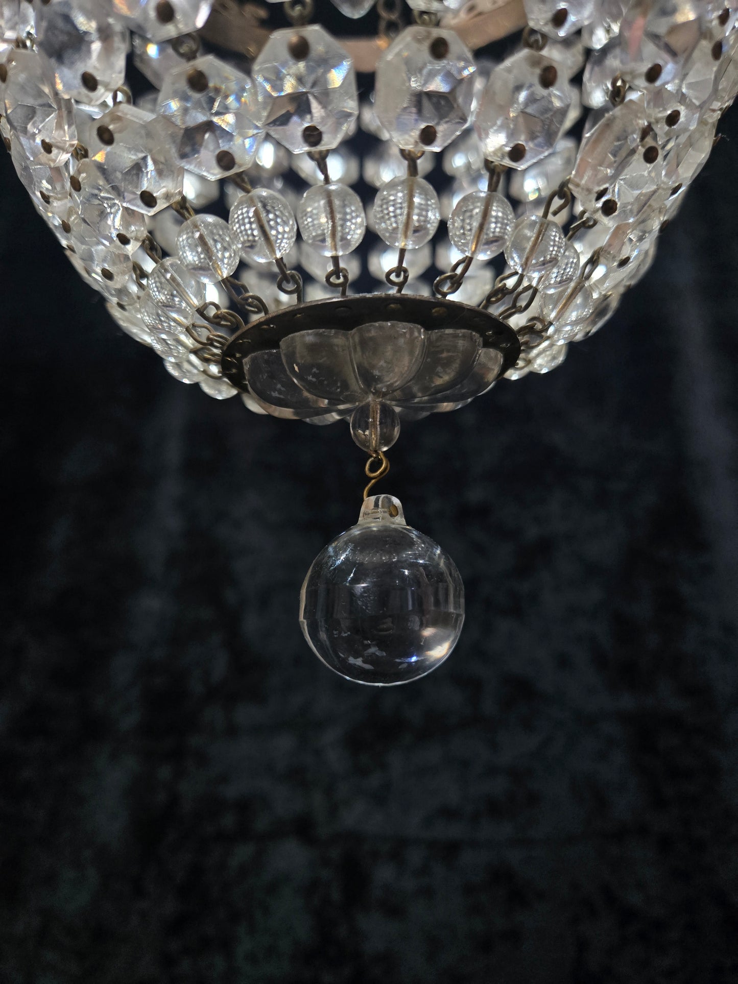 Beautiful Antique French Crystal Bag Brass and Bows Chandelier Ceiling Light