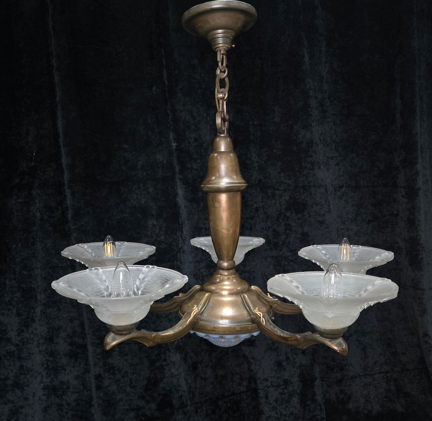 Large Antique French EZAN Art Deco 5 Arm 6 Light Brass Heavy Chandelier Light