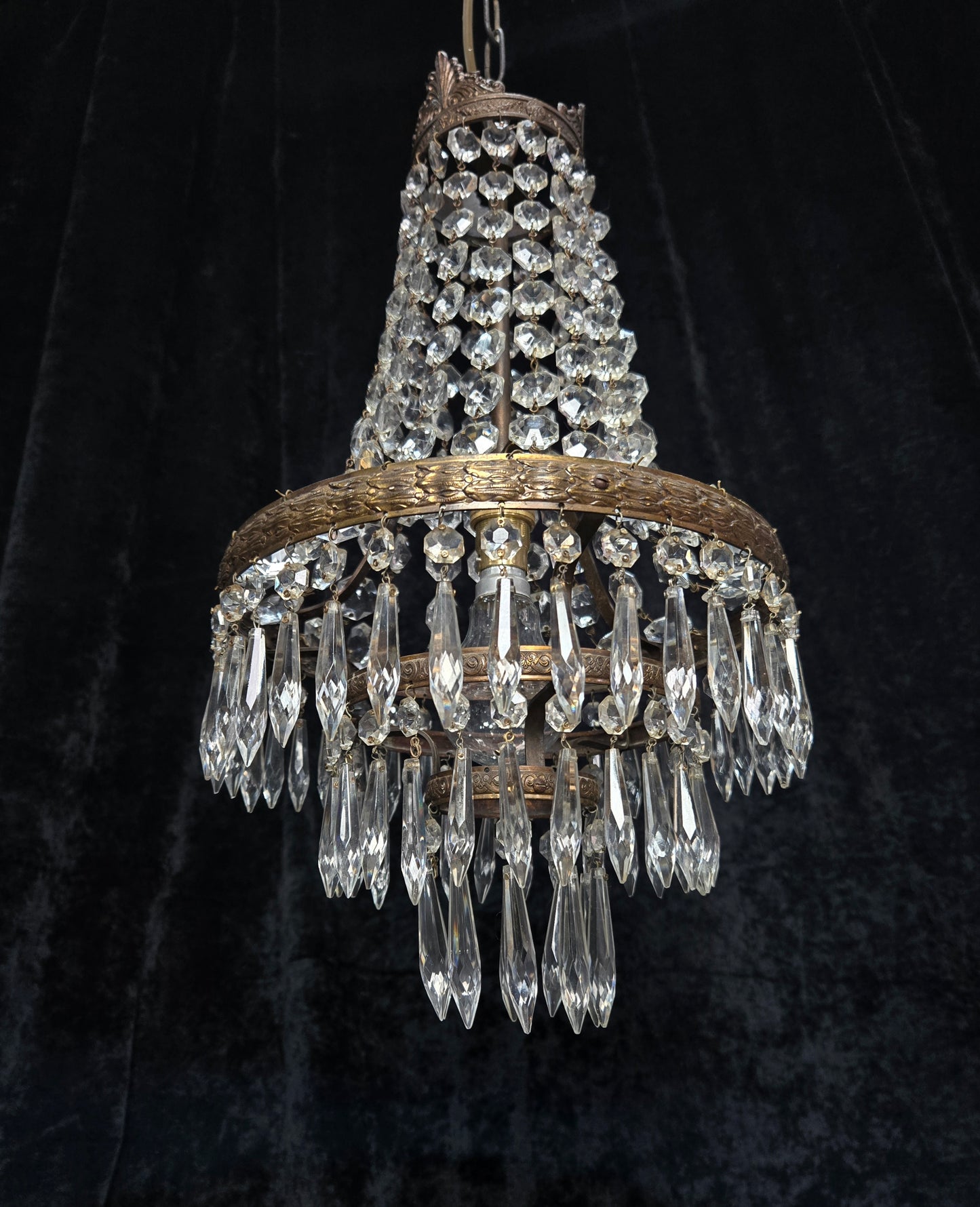 Beautiful Antique French 3 Tier Waterfall Montgolfiere Crystal Brass Chandelier