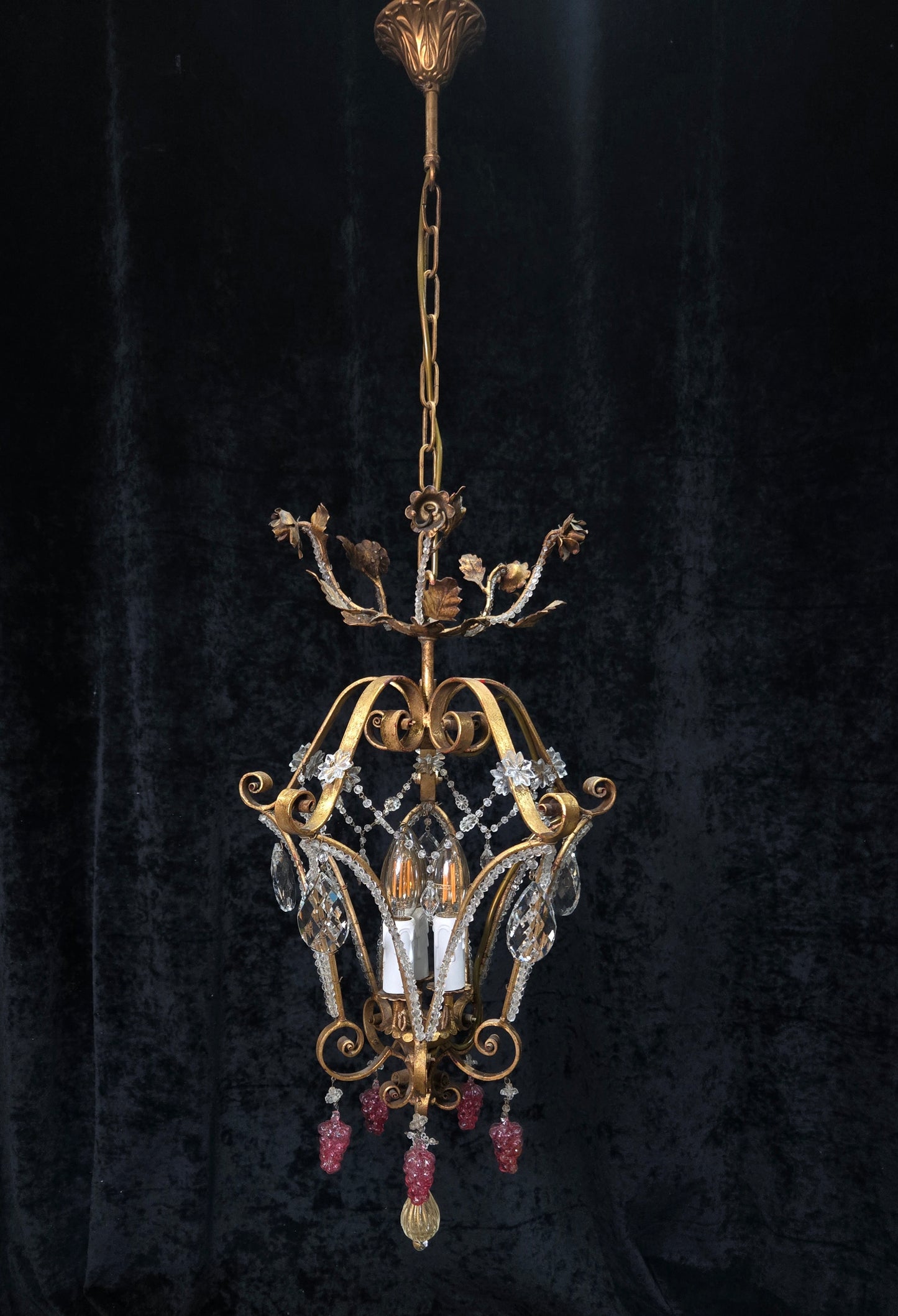 Fabulous Vintage Italian 3 Arm Caged Florentine Flower Crystal Chandelier Light
