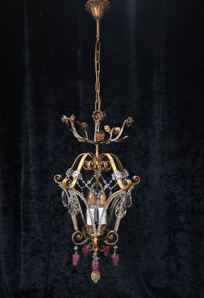 Fabulous Vintage Italian 3 Arm Caged Florentine Flower Crystal Chandelier Light