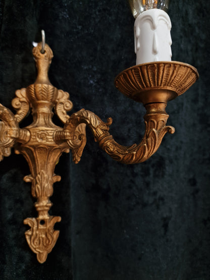 Lovely Pair of Vintage Gilded Spelter 2 Arm Wall Lights Sconces