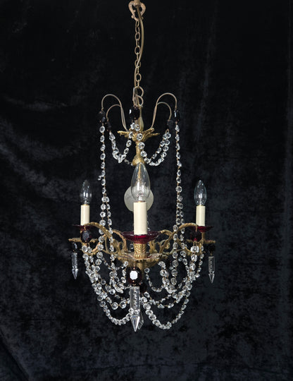 Stunning Antique French 3 Arm Glass Garnet Crystal Chandelier Ceiling Light