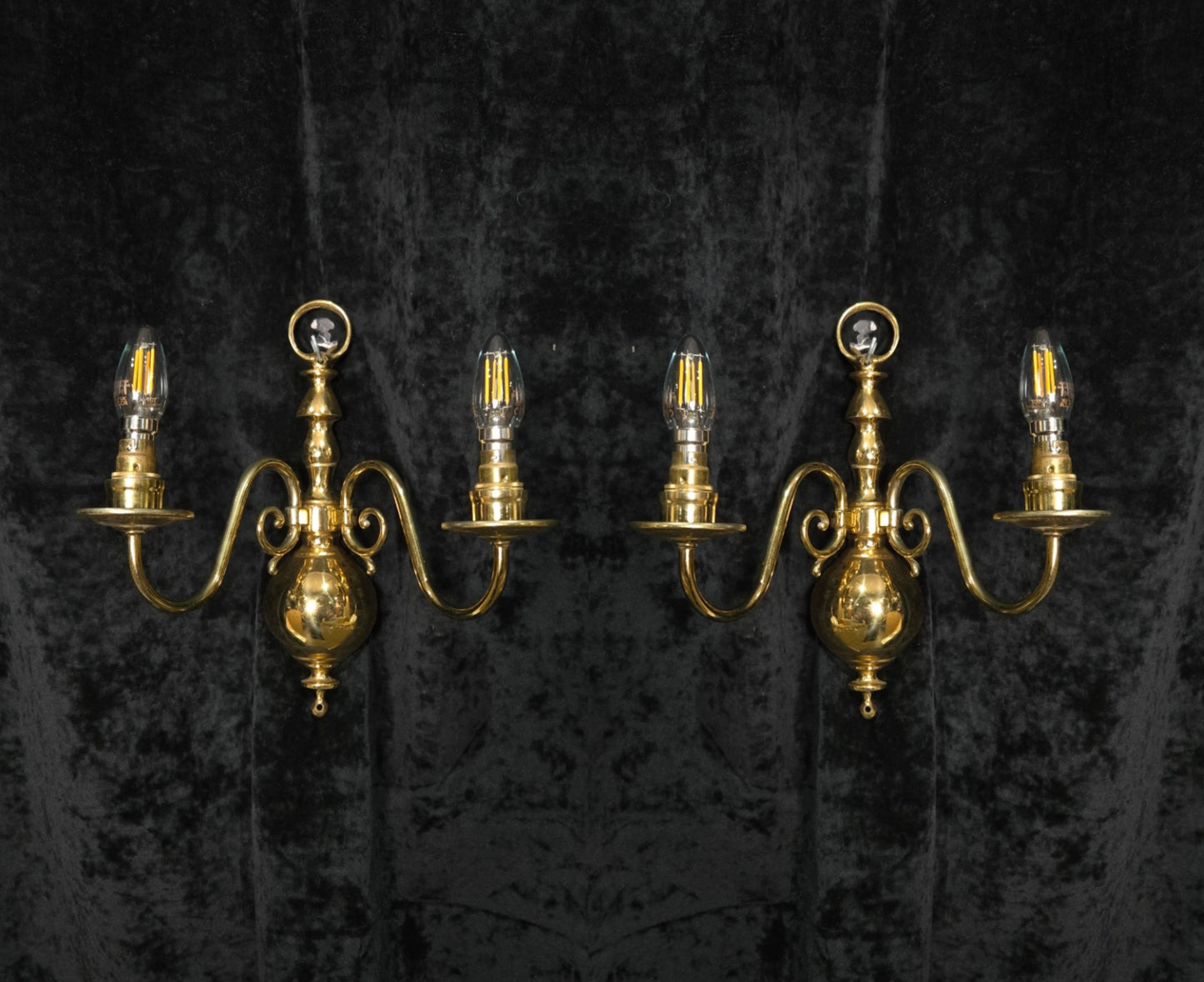 Elegant Pair Vintage Polished Brass 2 Arm Flemish Wall Lights Sconces