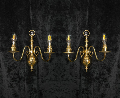 Elegant Pair Vintage Polished Brass 2 Arm Flemish Wall Lights Sconces