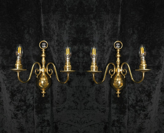 Elegant Pair Vintage Polished Brass 2 Arm Flemish Wall Lights Sconces