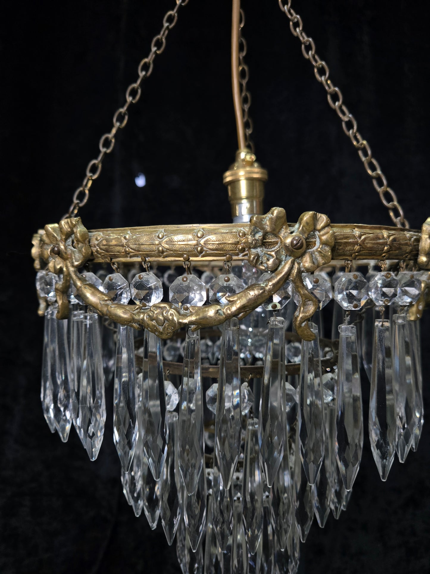 Fabulous Antique French Empire Style Brass Crystal Bows Chandelier Ceiling Light