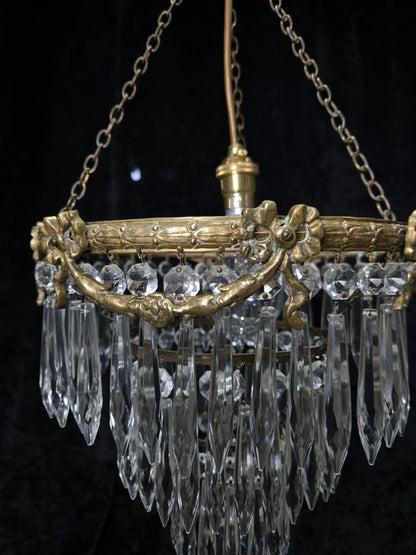 Fabulous Antique French Empire Style Brass Crystal Bows Chandelier Ceiling Light