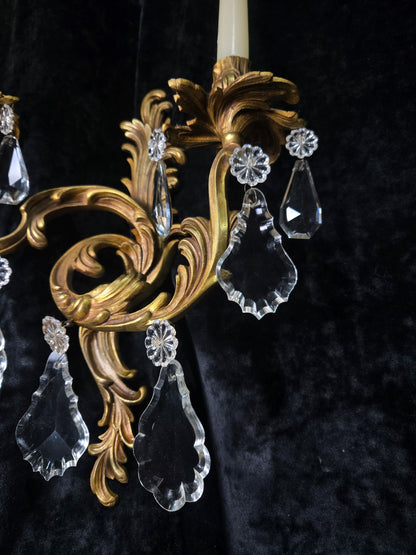 Fabulous Pair Antique French Heavy Gilt Bronze 2 Arm Crystal Candle Wall Lights