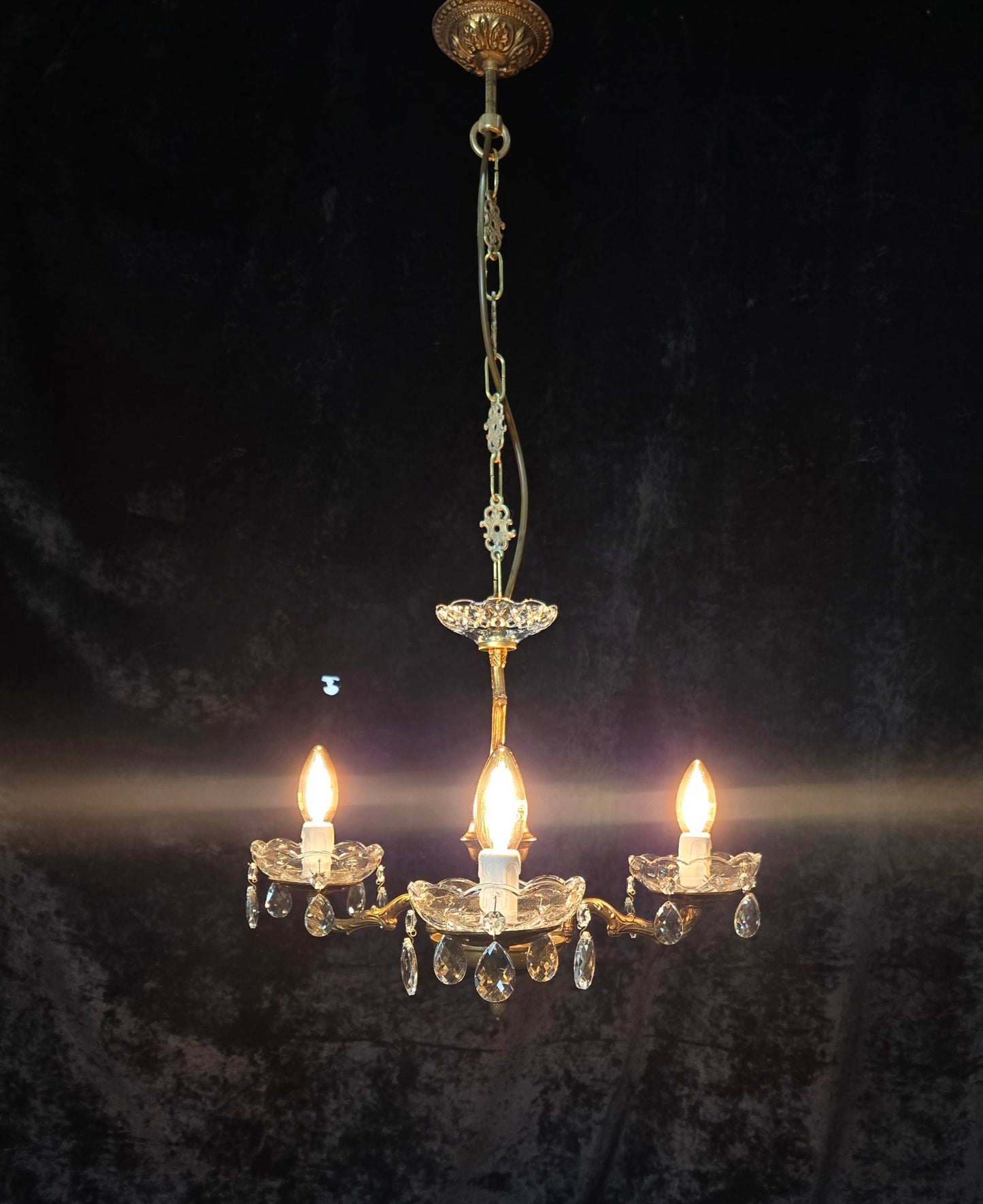 Lovely Vintage French 3 Arm Brass Foliage Crystal Chandelier Ceiling Light