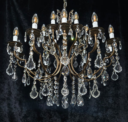 Fabulous Large Vintage Italian 12 Arm 18 Light Brass Crystal Leaf Chandelier
