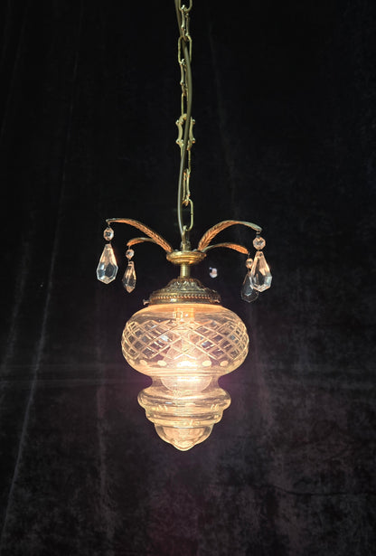 Lovely Vintage Clear Cut Glass Brass Crystal Leaf Hall Lantern Pendant Light
